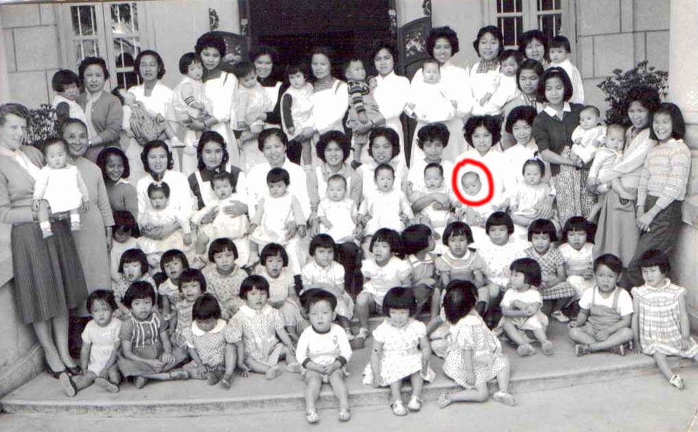 Picture of the Hong Kong foundlings at the Fanling Babies Home circa 1962/1963. Lucy Sheen is probably the baby circled in red