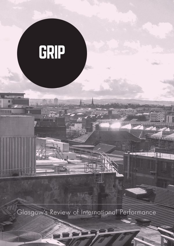 A black and white image of the Glasgow skyline, in a pale purple hue. There's a large black circle with 'Grip' written in the middle. Along the bottom reads: Glasgow Review of International Performance.