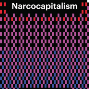 Geometric pattern in reds and purples. Black boxes have "Narcocapitalism" and "Laurent de Sutter" in white lettering.