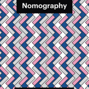 White, pink and grey rectangles back up a zigzag pattern on a blue background. Centred black squares say "Nomography" and "Eloy Fernandez Porta" in white writing