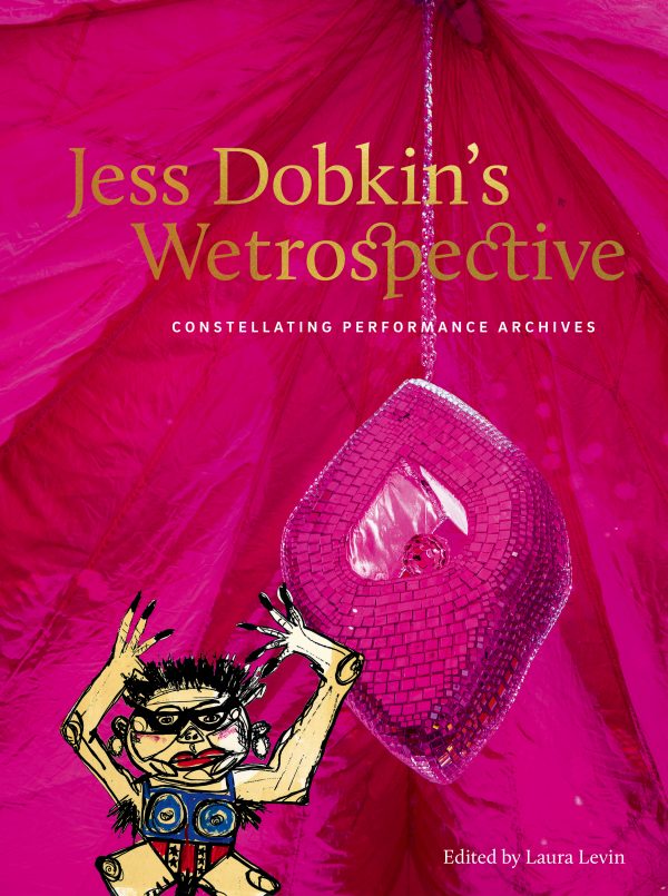 A pink mirrored diamond shape hangs from a tent of pink fabric. Bottom left is an illustration of Jess Dobkin, long hairs extend from raised hands, pointy hair and thick glasses are drawn in graphic black lines.