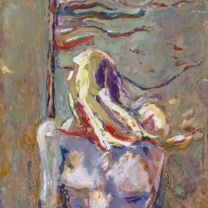 A figurative painting using gestural brushwork to depict the torso of a nude woman, her face hidden by her hair, standing in front of a flag. The painting uses blue, green and red tones to depict the scene