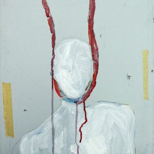 A minimal, almost abstracted painting of a figure wearing a red headpiece or body extension. White paint is used to depict the figure, which stands against a stark grey background.