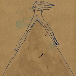 A figurative, gestural line drawing of a woman sitting on top of a triangular pitched roof, one leg on either side and her hair blowing in the wind. Menstrual blood (used as ink) gives the roof a reddish colour.