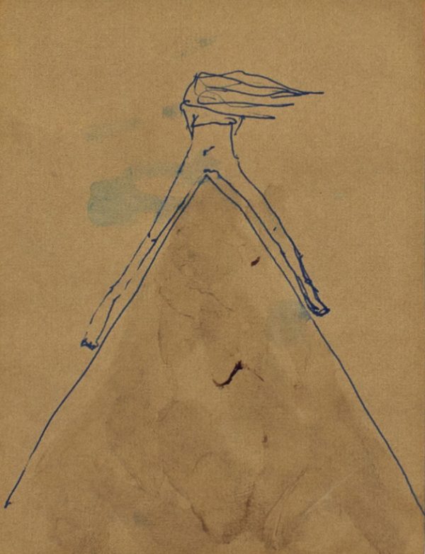 A figurative, gestural line drawing of a woman sitting on top of a triangular pitched roof, one leg on either side and her hair blowing in the wind. Menstrual blood (used as ink) gives the roof a reddish colour.