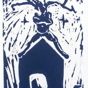 a gestural, monochrome lino cut print depicts a woman sitting atop of a building, her legs straddling the pitched roof. Her hair extends up and out away from her head, and stars glimmer in the background.