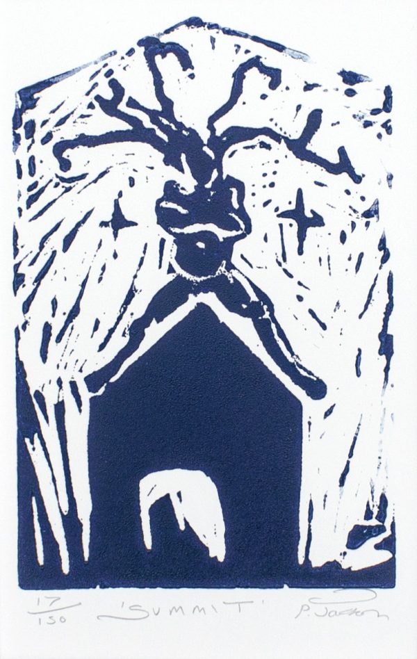 a gestural, monochrome lino cut print depicts a woman sitting atop of a building, her legs straddling the pitched roof. Her hair extends up and out away from her head, and stars glimmer in the background.