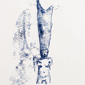 A hand-drawn, inky blue monoprint on white paper. The drawing depicts a woman wearing a tall, angular headpiece. Her eyes are closed with a serene melancholy.