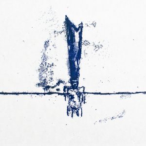 A hand-drawn, inky blue monoprint on white paper. The drawing depicts a woman standing in a simple landscape wearing only a tall angular headpiece that reaches up towards the sky. The horizon line cuts across the image