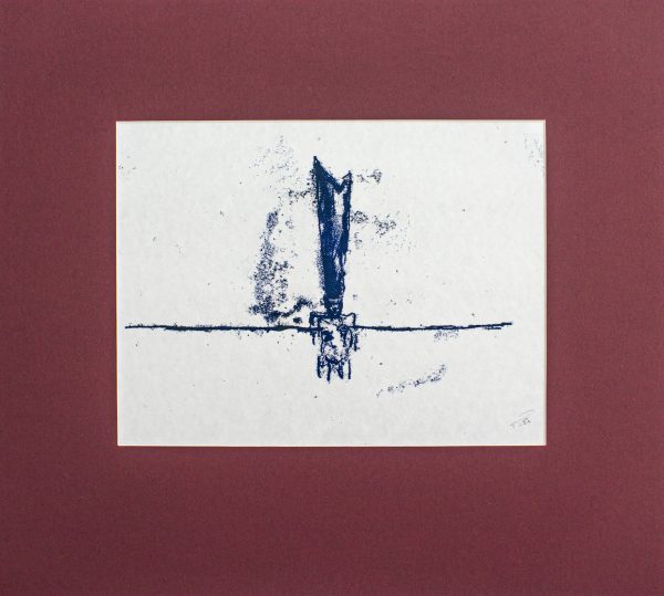 A hand-drawn, inky blue monoprint on white paper. The drawing depicts a woman standing wearing only a tall angular headpiece that reaches up towards the sky. She holds a long pole under her arms, cutting across the image like a horizon line.