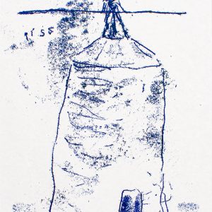 A hand-drawn, inky blue monoprint on white paper. The drawing depicts a woman standing on top of a grain silo, holding a long horizontal pole.