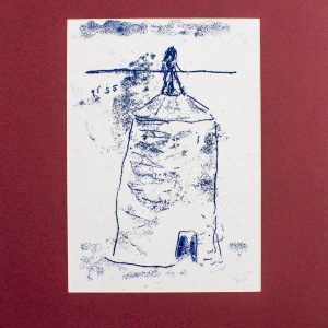 A hand-drawn, inky blue monoprint on white paper. The drawing depicts a woman standing on top of a grain silo, holding a long horizontal pole and urinating into the silo. The word “piss” is written across the sky to the left of the silo