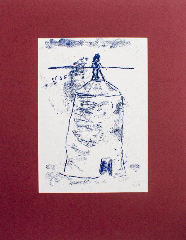 A hand-drawn, inky blue monoprint on white paper. The drawing depicts a woman standing on top of a grain silo, holding a long horizontal pole and urinating into the silo. The word “piss” is written across the sky to the left of the silo